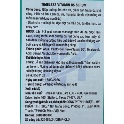 Serum Timeless Vitamin B5+ Hyaluronic Acid Làm Dịu, Phục Hồi Da 30ml (Nhập Khẩu)