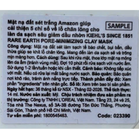 Mặt Nạ Đất Sét Kiehl’s Rare Earth Pore Minimizing Clay Mask 14ml (Nhập Khẩu)