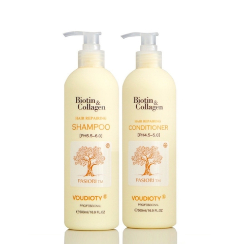 Cặp Gội Xả Biotin & Collagen Pasiori Phục Hồi Mềm Mượt Tóc Voudioty Hair Repairing Vàng 2021