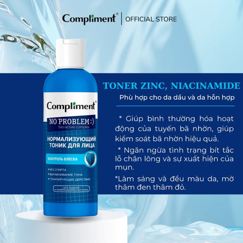 Nước Hoa Hồng Compliment Kiềm Dầu Sáng Da No Problem BHA-Zinc-Niacinamide 200ml
