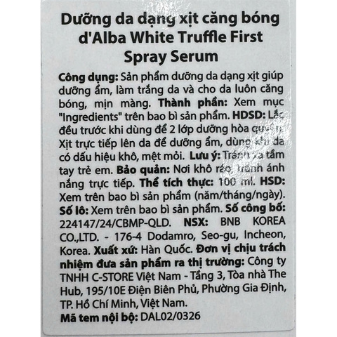 Xịt Khoáng Dưỡng Ẩm Căng Bóng Da D'Alba Truffle First Spray Serum 100ml (Nhập Khẩu)