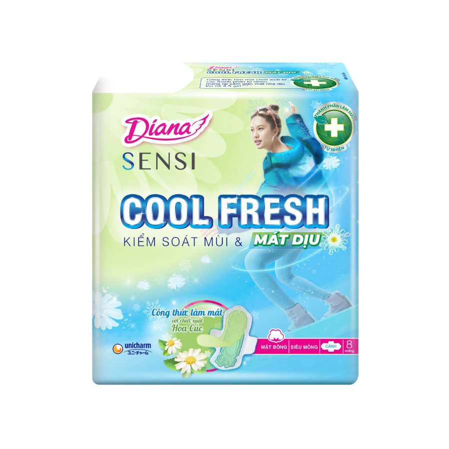 Băng Vệ Sinh Diana Ban Ngày Sensi Cool Fresh Mát Dịu Siêu Mỏng Cánh 23cm - Gói 8 Miếng