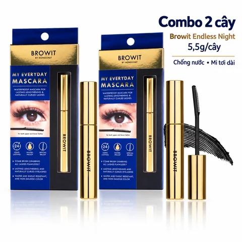 Mascara Browit By Nongchat My Everyday Endless Night 5,5g, hộp xanh vàng và cây mascara vàng.