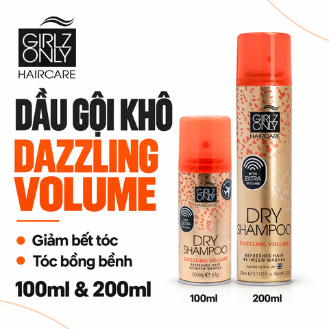 Dầu gội khô Girlz Only Dazzling Volume nắp cam với hai dung tích 100ml và 200ml.