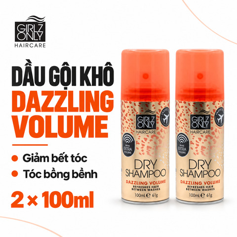Một chai dầu gội khô Girlz Only Dazzling Volume 100ml, thân màu đồng và nắp cam.