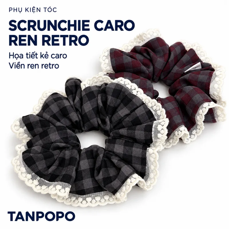 Dây Buộc Tóc Scrunchie Kẻ Caro Ren Retro – phụ kiện tóc tại Tanpopo