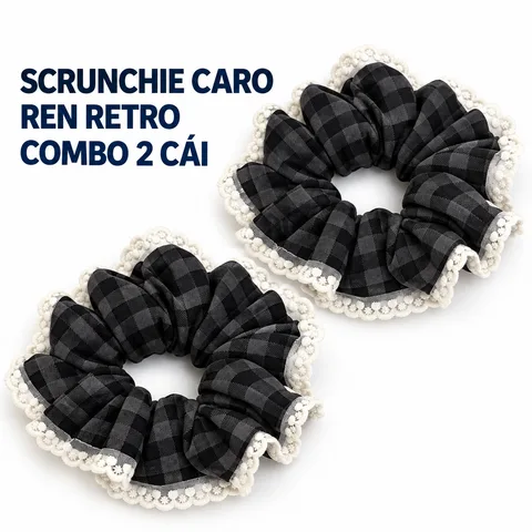 Dây Buộc Tóc Scrunchie Kẻ Caro Ren Retro