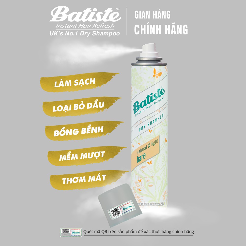 Dầu Gội Khô Batiste Dry Shampoo Natural & Light Bare 200ml