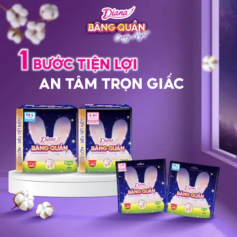 Băng Vệ Sinh Diana Dạng Quần 360 Độ Chống Tràn Comfy Night Size M-L (Ban Đêm)
