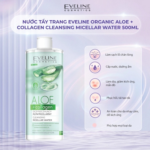 Nước Tẩy Trang Eveline Organic Aloe+Collagen Micellar Water 500ml