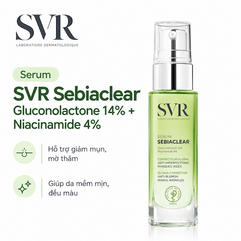 Serum SVR Làm Giảm Mụn, Mờ Nám, Làm Mềm Mịn Da Sebiaclear Gluconolactone 14% + Niacinamide 4% 30ml (Nhập Khẩu)