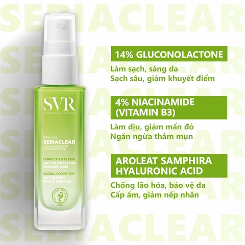 Serum SVR Làm Giảm Mụn, Mờ Nám, Làm Mềm Mịn Da Sebiaclear Gluconolactone 14% + Niacinamide 4% 30ml (Nhập Khẩu)