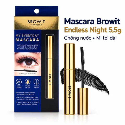 Mascara Browit By Nongchat My Everyday Endless Night 5,5g, hộp xanh vàng và cây mascara vàng.