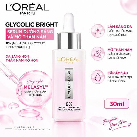 Serum Dưỡng Sáng Và Mờ Thâm Nám L'Oreal Glycolic Bright 8% [Melasyl+Glycolic+Niacinamide] 30ml (Mẫu Mới)
