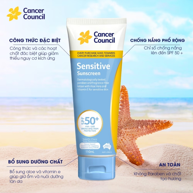 Kem Chống Nắng Dành Cho Da Nhạy Cảm Cancer Council Sensitive SPF50+ 110ml