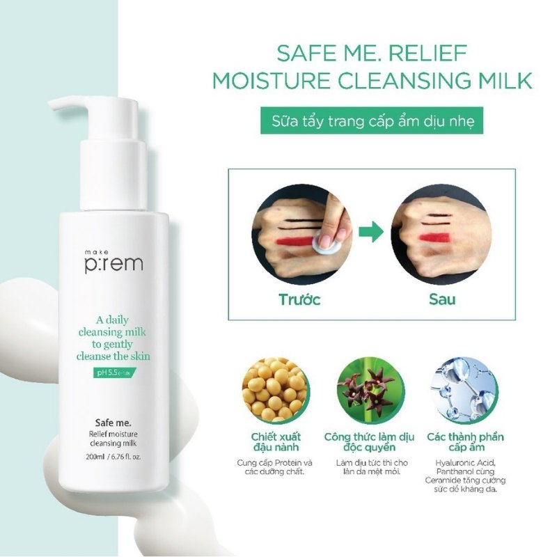 Sữa Tẩy Trang Make P:rem Safe Me Relief Moisture Cleansing Milk 200ml (Tặng Kèm Sữa Rửa Mặt 50ml)