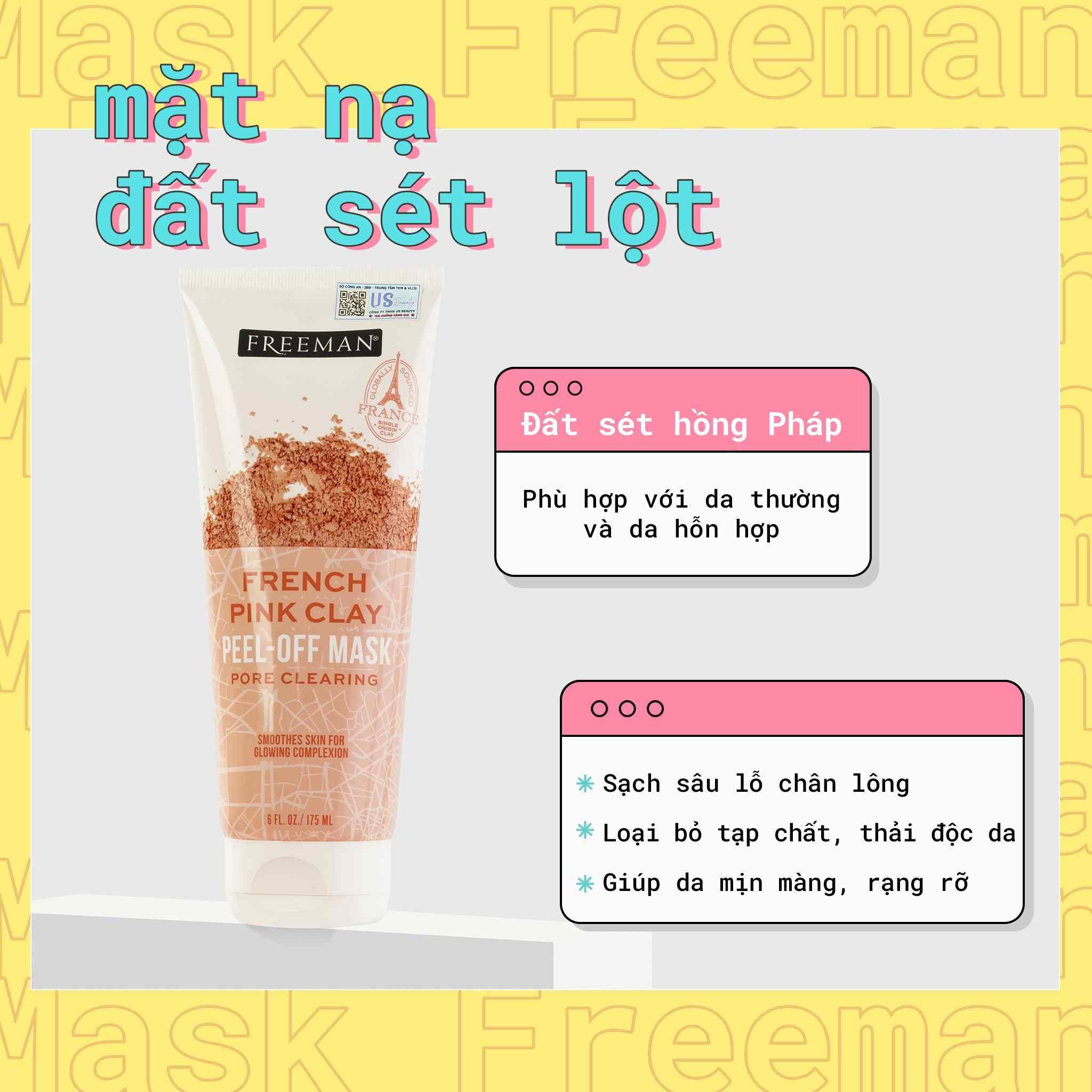 Mặt Nạ Lột Đất Sét Hồng Pháp Làm Sạch Sâu Freeman French Pink Clay Peel Off Mask Pore Clearing 175ml