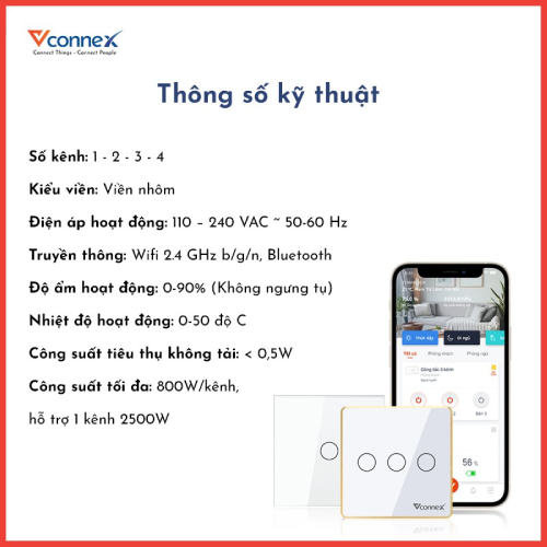 Công tắc thông minh vuông viền nhôm Vconnex - 3 nút