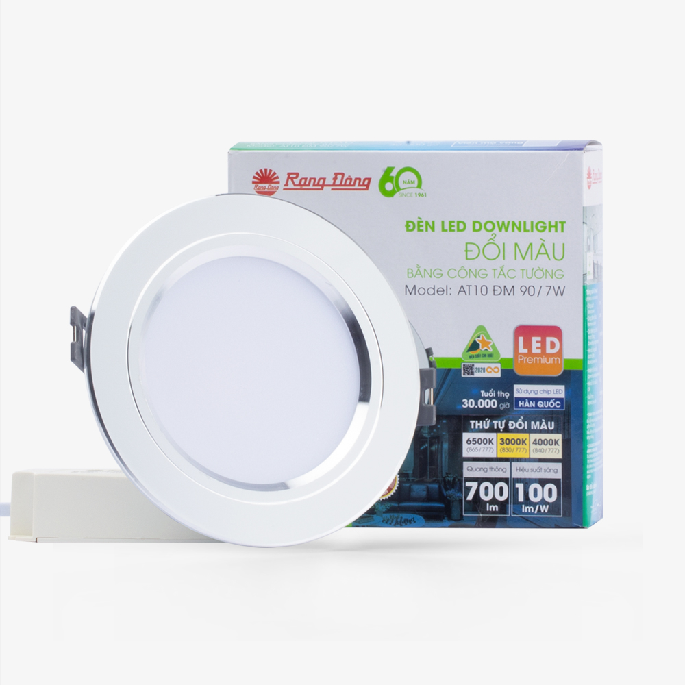 Đèn âm trần đổi màu AT10 ĐM 90/7W viền vàng Rạng Đông (Hàng mới chưa sử dụng)