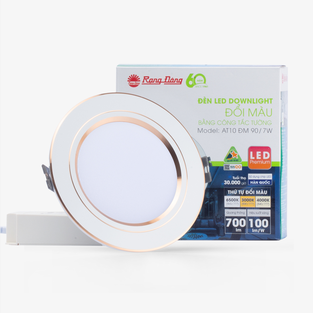 Đèn âm trần đổi màu AT10 ĐM 90/7W viền vàng Rạng Đông (Hàng mới chưa sử dụng)