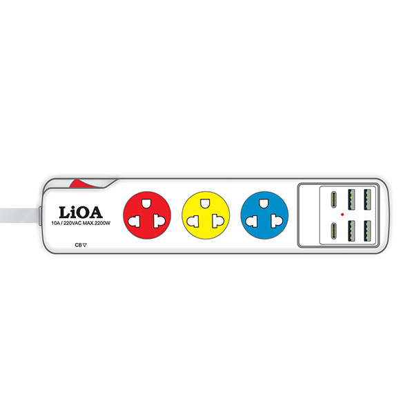 Ổ cắm Lioa kéo dài có 4 cổng TYPE-A + 2 cổng TYPE-C, 3m, 10A, 2200W (3SN4A2C15W)