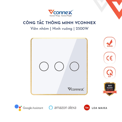 Công tắc thông minh vuông viền nhôm Vconnex - 3 nút