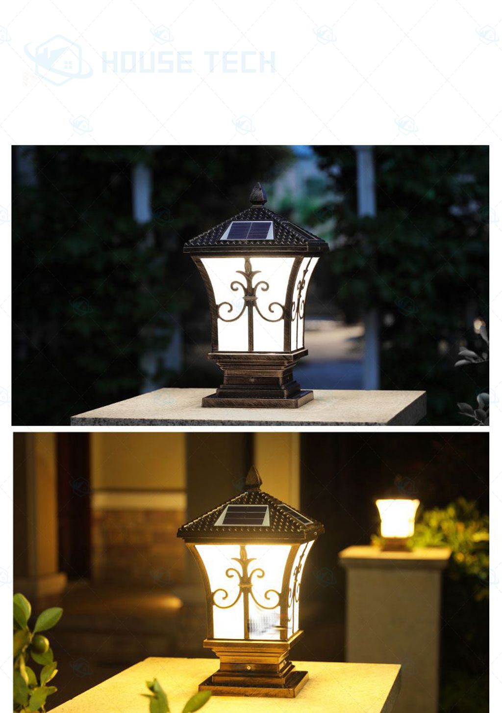 Đèn trụ cổng năng lượng mặt trời 250x250 (hình lồng đèn hoa văn mũi tên)