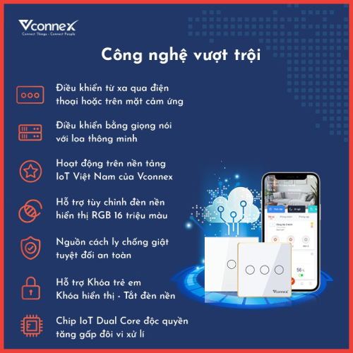 Công tắc thông minh chữ nhật không viền Vconnex - 4 nút