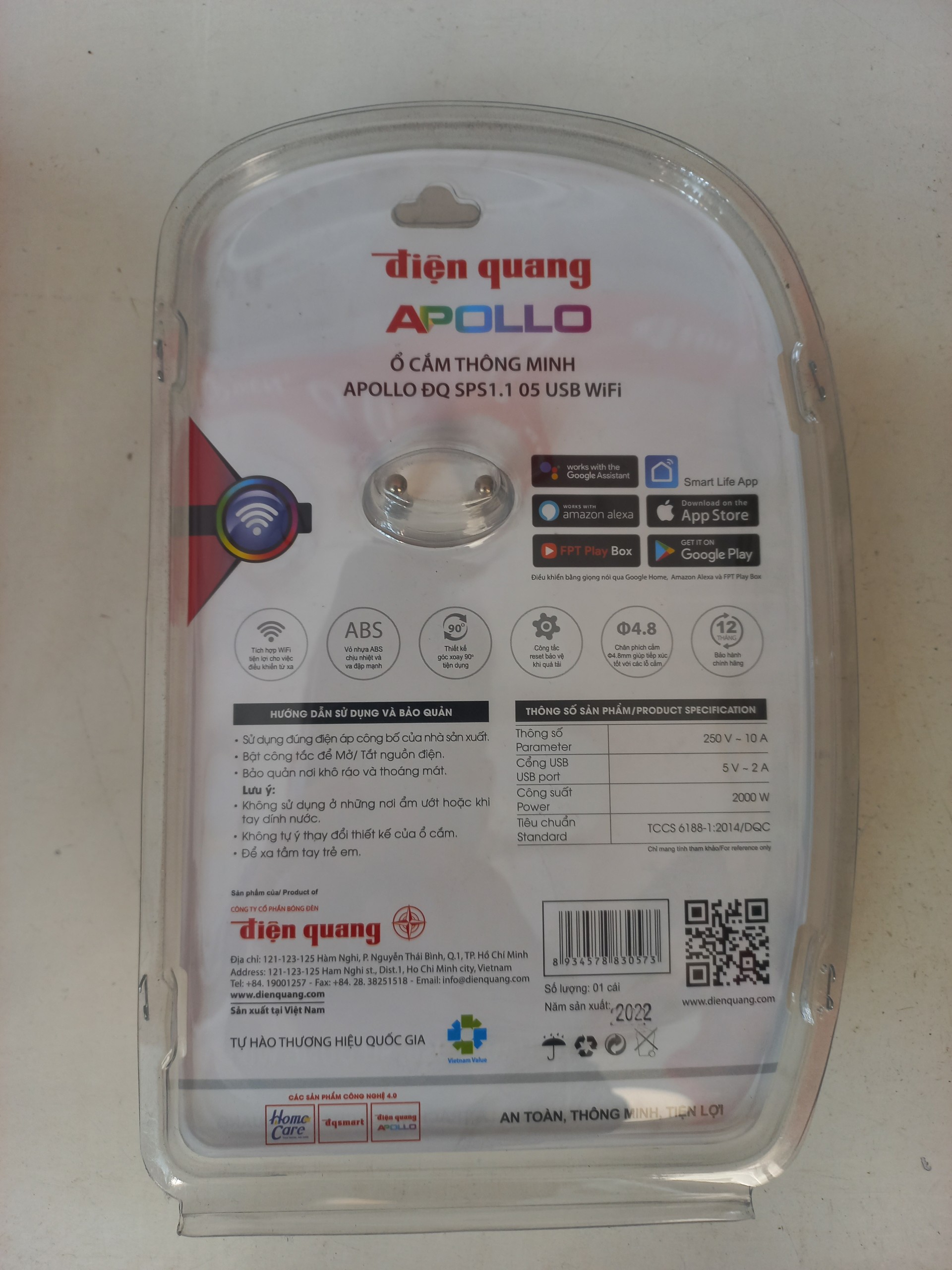 Ổ cắm xoay 90 độ thông minh Điện Quang Apollo ĐQ SPS1.1 05 USB WiFi