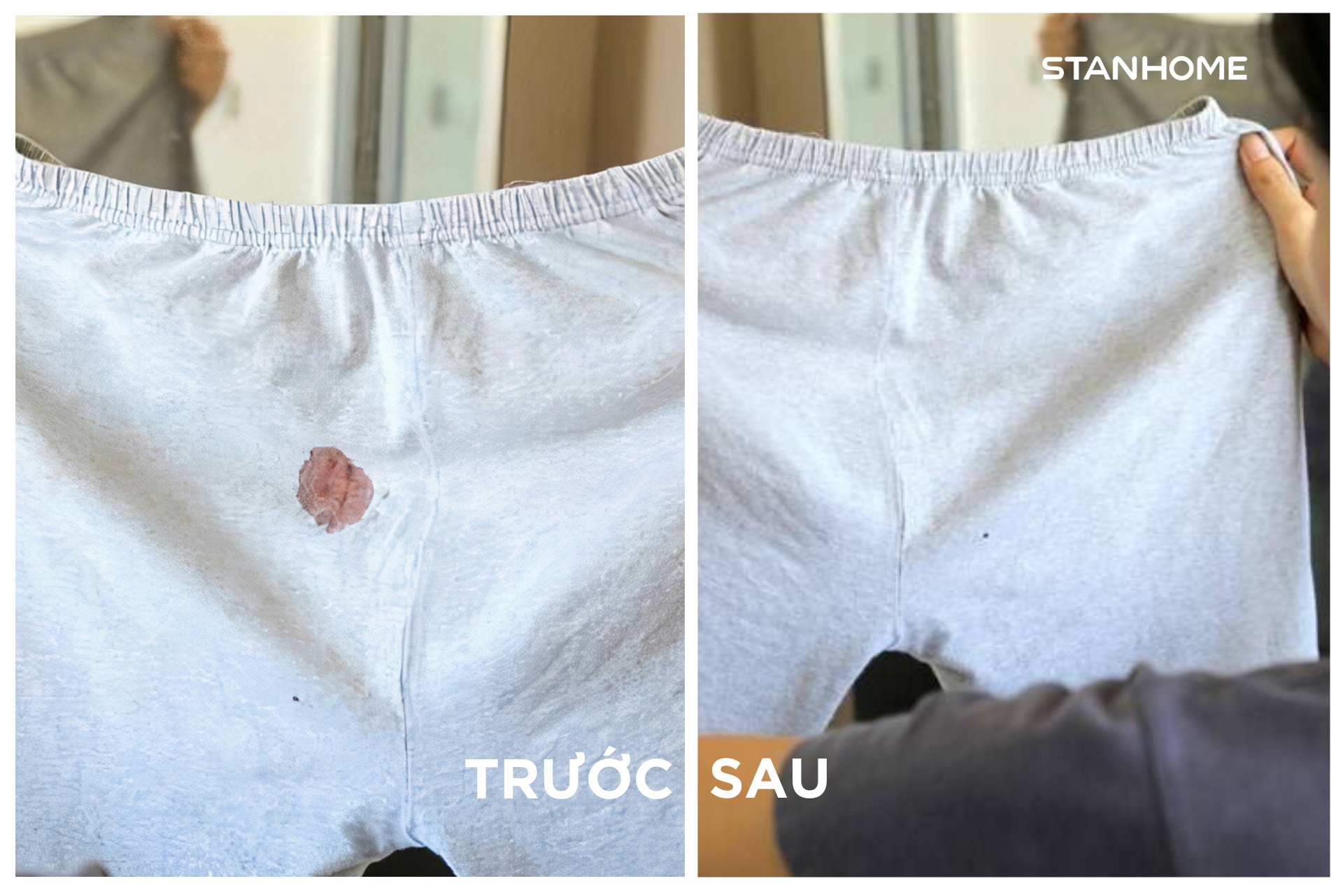 Hiệu quả tẩy sạch vết máu kinh nguyệt trên quần áo đơn giản tại nhà trước và sau bằng Stanhome Prewash