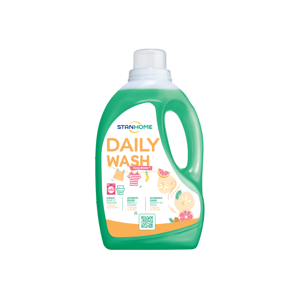 Nước giặt đậm đặc dịu nhẹ cho cả gia đình và cho da nhạy cảm hương nắng mai Stanhome Daily Wash Sunny Breeze 1500ml
