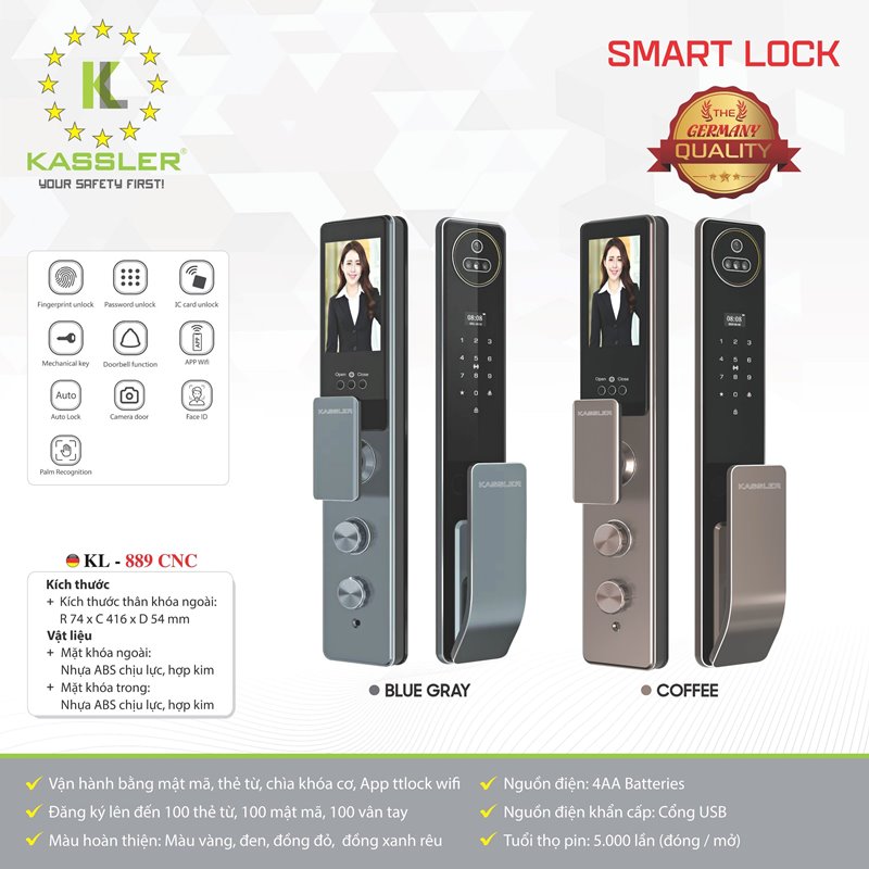 Khóa cửa vân tay Kassler KL-889 Face ID - khoavantaychinhhang.com