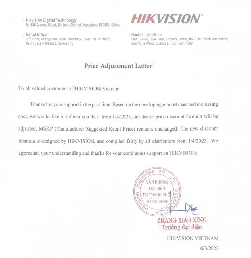 HIKVISION THÔNG BÁO ĐIỀU CHỈNH TĂNG GIÁ TỪ NGÀY 01.04.2023