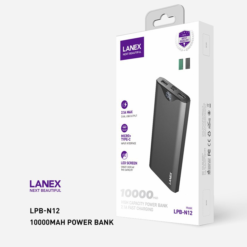 Pin dự phòng 10.000mAh LANEX LPB-N12 Black/Green (Polymer A+, 2 cổng USB 2.1A, màn hình LED)