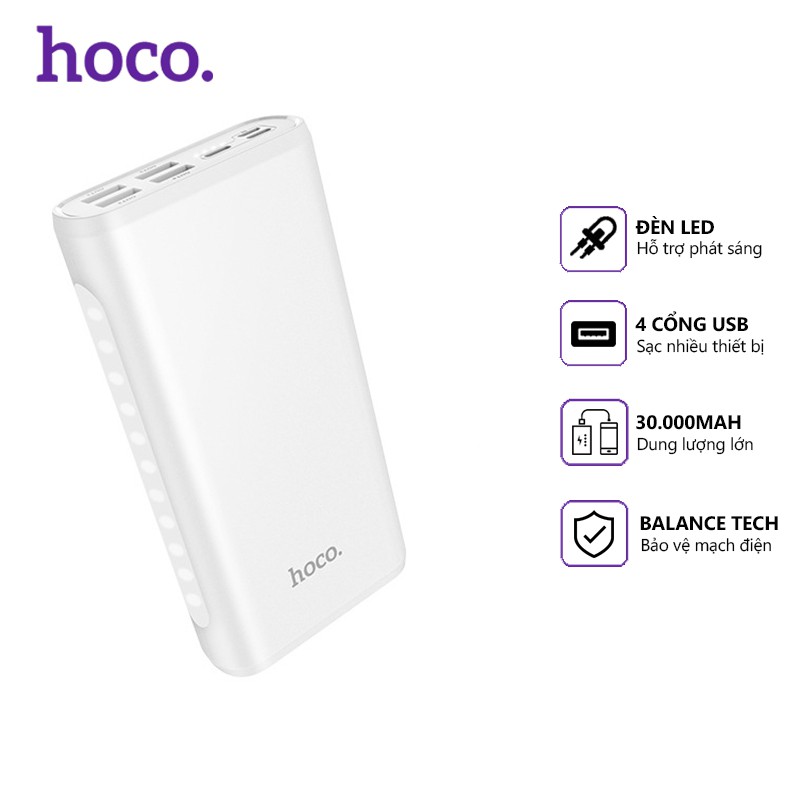Pin dự phòng 30.000mAh HOCO J60 Black/White Chính hãng (4 Cổng USB, LED)