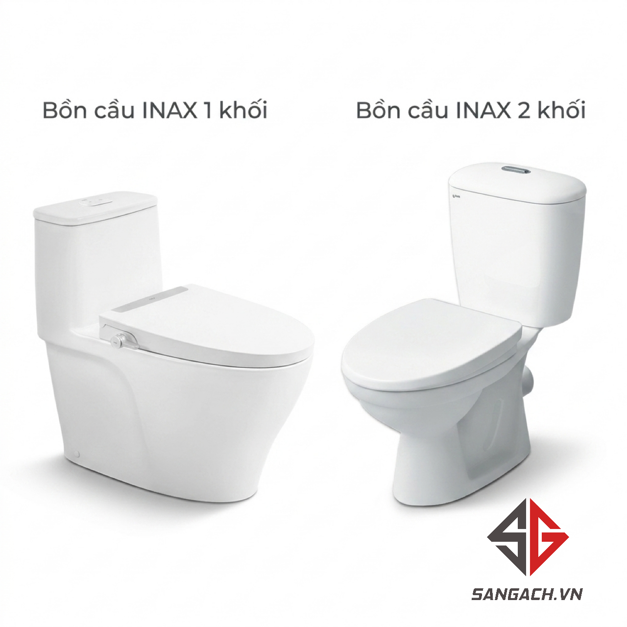 Mẫu bồn cầu INAX 1 khối và 2 khối trưng bày để khách so sánh tại showroom.
