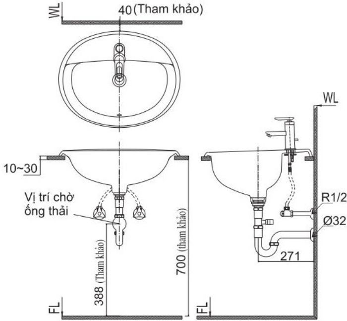 Bản vẽ kỹ thuật Lavabo âm bàn đá