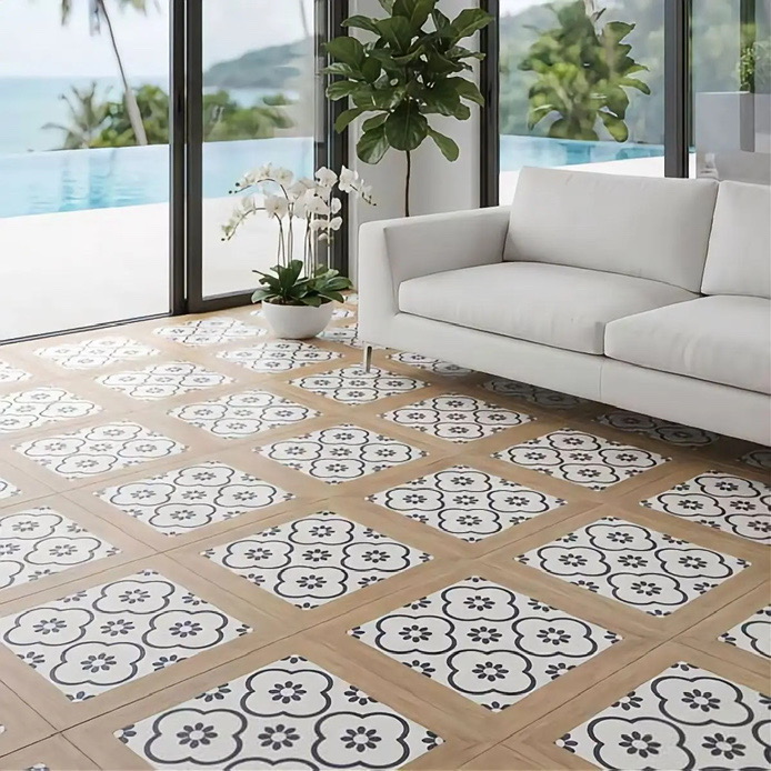 Phòng khách lát gạch giả gỗ màu sáng với không gian ấm và gọn mắt
