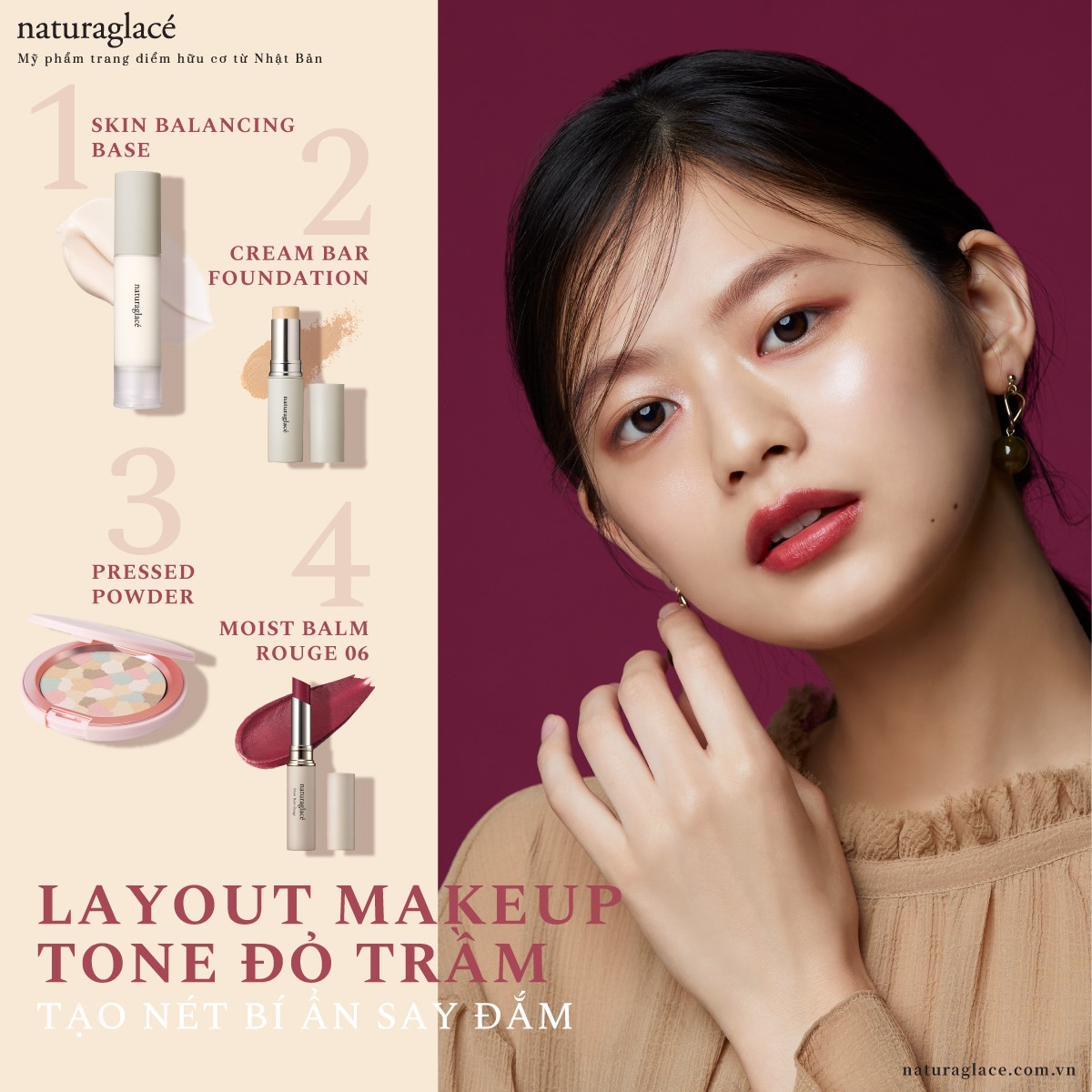 LAYOUT MAKEUP TONE ĐỎ TRẦM TẠO NÉT BÍ ẨN SAY ĐẮM