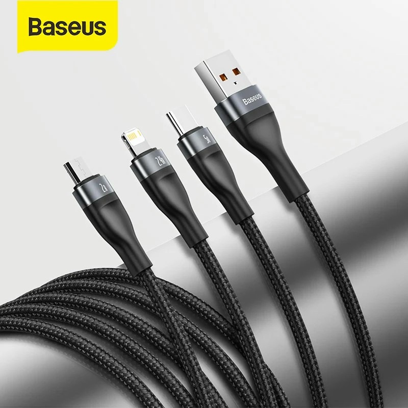 Cáp sạc nhanh 3 đầu Baseus Flash Series 3in1 (USB to Type C/ Lightning/  Micro, 5A/40W Quick Charging & Data Cable) Nam Phụ Kiện