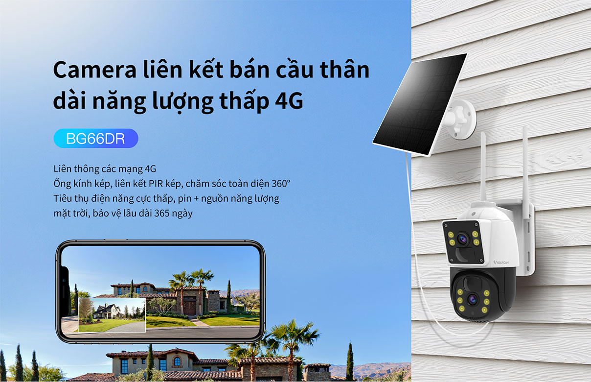 Camera năng lượng mặt trời xài sim 4G 2 màn hình Vstarcam BG66DR