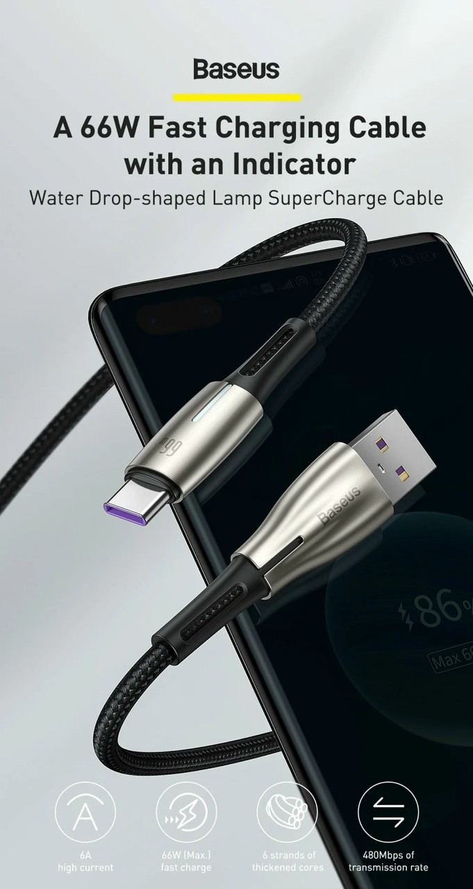 Cáp sạc siêu nhanh báo đèn USB Type-C Baseus Water drop-Shaped Lamp 66w cho Huawei Mate, Samsung, Xiaomi