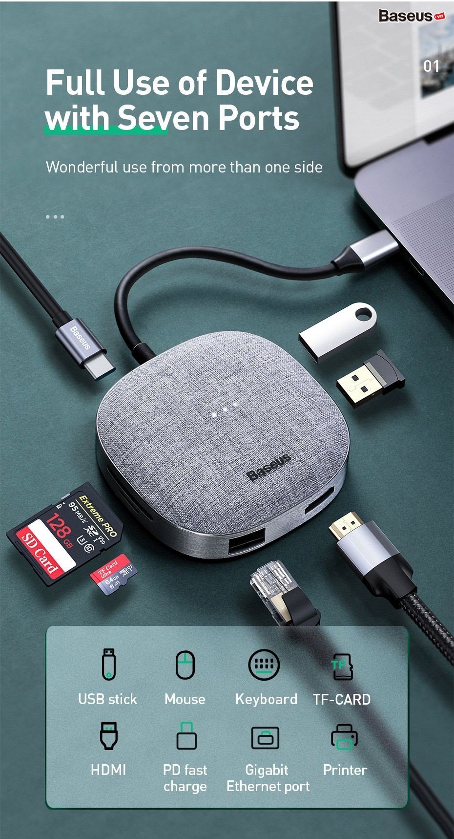 Hub chuyển đổi đa năng Baseus Fabric Series 7 in 1 Type-C Multifunctional HUB Adapter