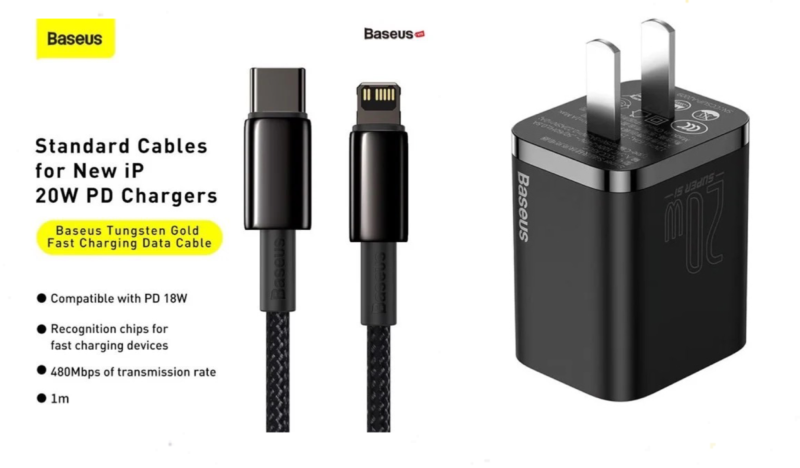 Combo sạc nhanh 20W PD Baseus Super Si, cáp 20W Tungsten