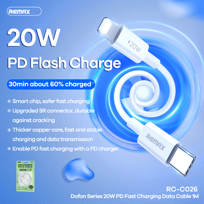 Cáp sạc nhanh Type C to Lightning 20W Remax RC-026