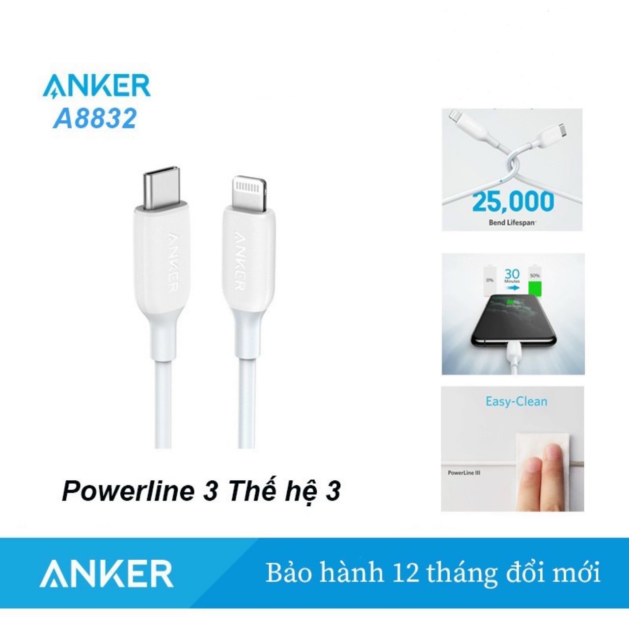 Cáp sạc nhanh C to Lightning Anker Powerline iii A8832