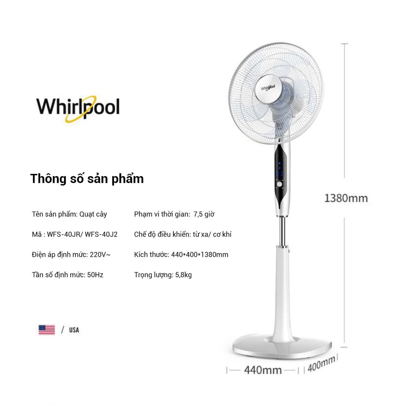 Quạt cây 5 cánh Whirlpool ( Mỹ), có remote
