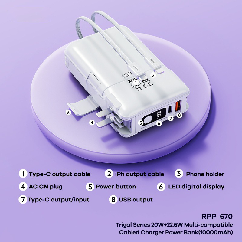 Pin sạc dự phòng đa năng kiêm củ sạc 10000mah 22.5W Remax RPP-670