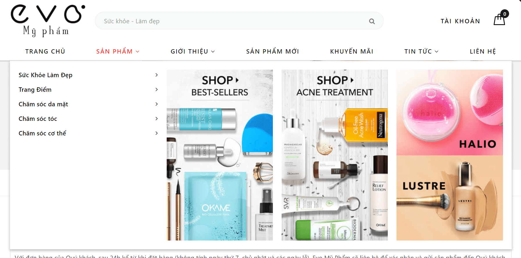 Evo Mỹ Phẩm menu