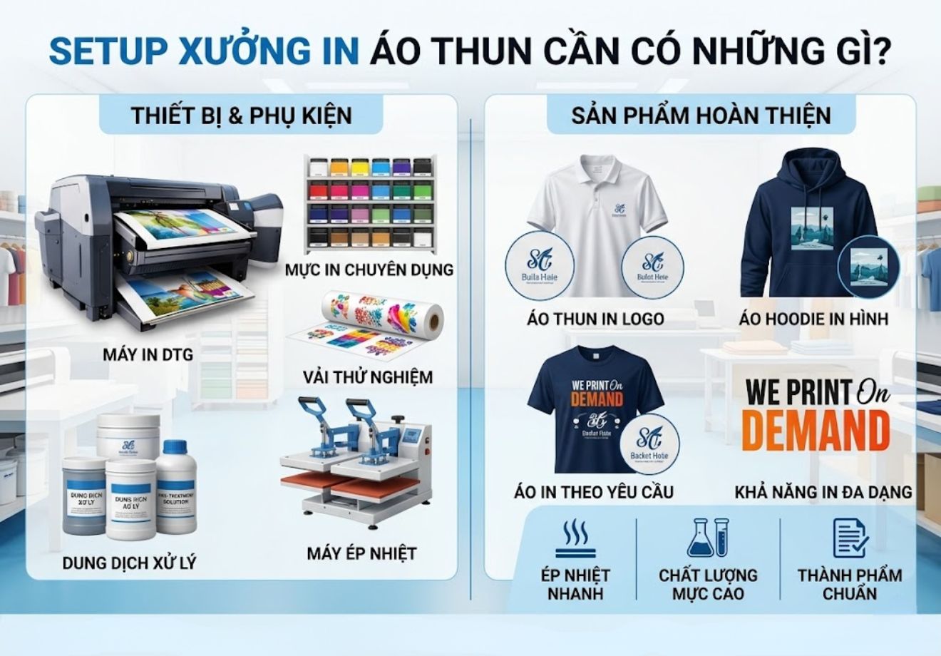 Trọn bộ setup xưởng in áo cần có những gì? Kinh nghiệm cho người mới bắt đầu